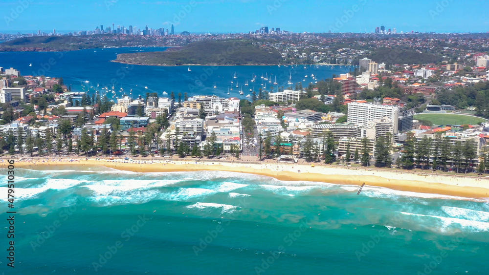 Aerial drone view of Manly on the Northern Beaches of Sydney, Australia with North Harbour in view during summer on a sunny day 