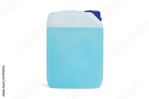 Can with non-freezing liquid, isolated on white. Blue antifreeze liquid for car in canister. Plastic bottle or gallon of hand gel, soap or hand sanitizer alcohol gel, coronavirus protection concept photo
