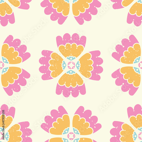 Vector Colorful shells on Ecru in Folklore style seamless pattern background. Perfect for web design, fabric, scrapbooking and wallpaper projects.