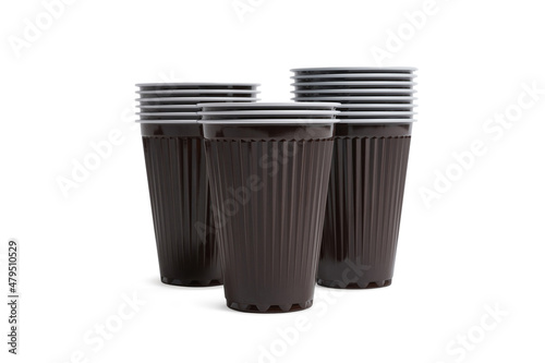 Brown paper cup for coffee, tea, chocolate and other hot drinks. Plastic party cup mockup. Disposable Cups set. Take out mugs front view and space for your design