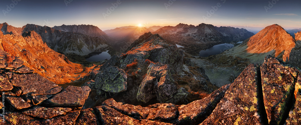 Obraz premium Poland Tatras from peak Szpiglasowy, Nice mountain landscape in Europe at sunrise over Morskie oko