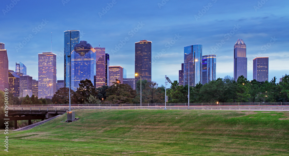 Houston skyline in sunny day from park grass of Texas USA