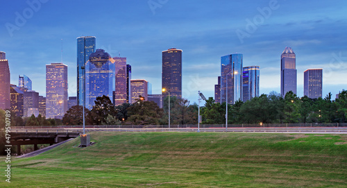 Houston skyline in sunny day from park grass of Texas USA