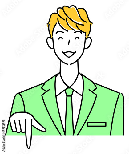 笑顔で下の方向を指差しているスーツ姿の可愛い男性 ビジネスパーソン イラスト ベクター