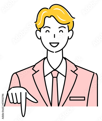 笑顔で下の方向を指差しているスーツ姿の可愛い男性 ビジネスパーソン イラスト ベクター
