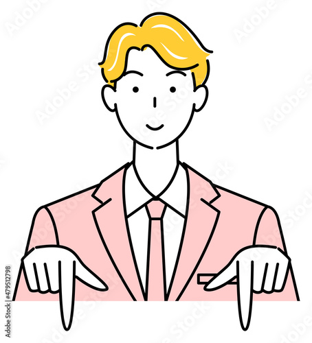笑顔で下の方向を指差しているスーツ姿の可愛い男性 ビジネスパーソン イラスト ベクター