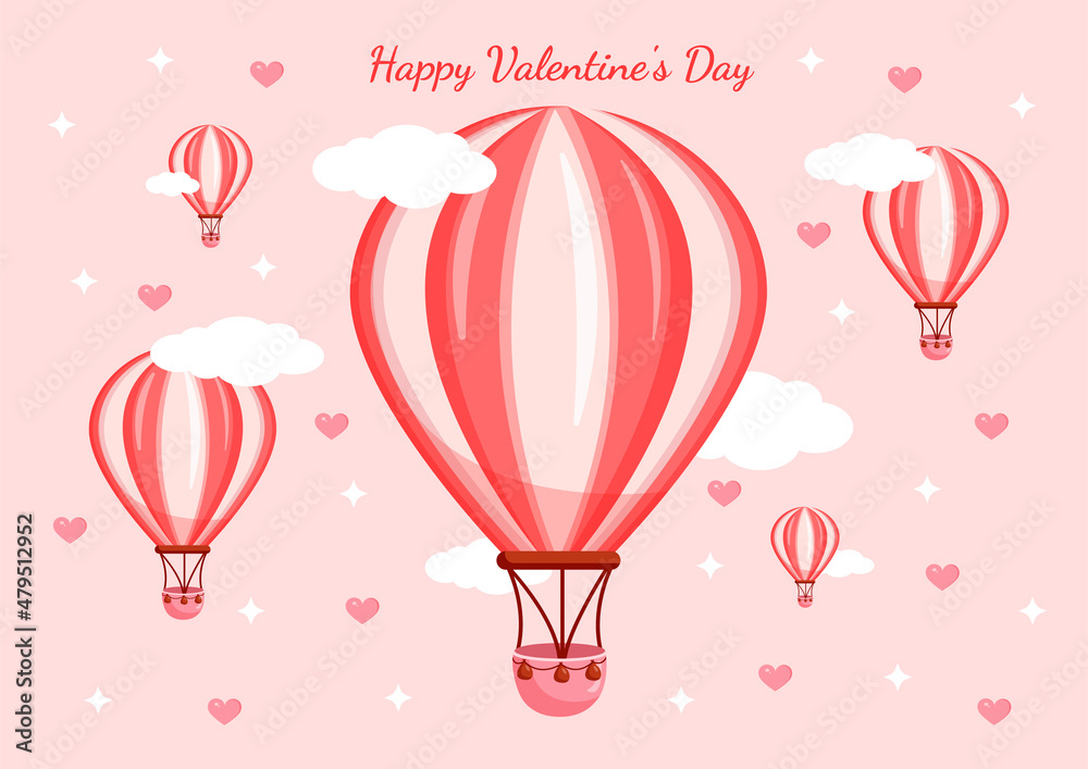 Vector illustration of pink balloons on the background of clouds, hearts and sky for valentine's day for postcard, textiles, decor, poster. Greeting card.