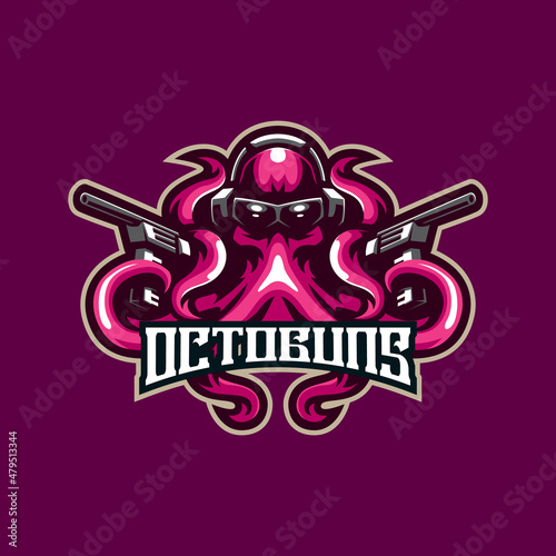 Octopus mascot logo design vector with modern illustration concept style for badge, emblem and t shirt printing. Octopus illustration with guns in hand.