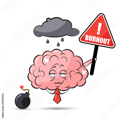 Overworked brain. Vector concept illustration of burnout brain with placard