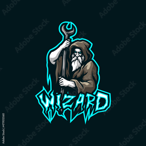 Wizard mascot logo design vector with modern illustration concept style for badge, emblem and t shirt printing. Wizard illustration with stick in hand.