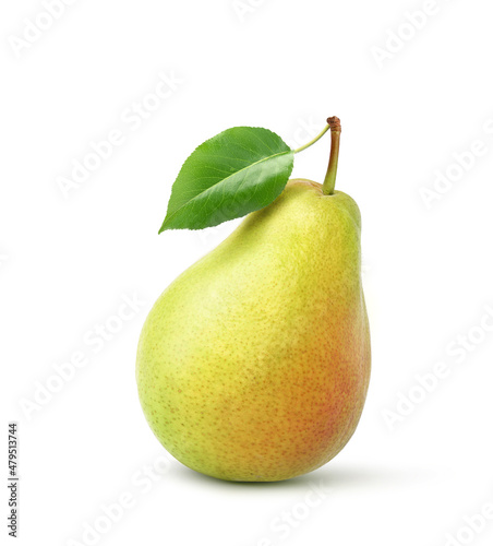 Pear with leaf isolates on white background.
