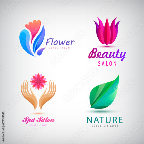 Vector set of abstract flower, spa, health care, wellness, resort logos design. Hands holding flower, lotus, leaf creative symbols. Universal icons. Logotype template for premium