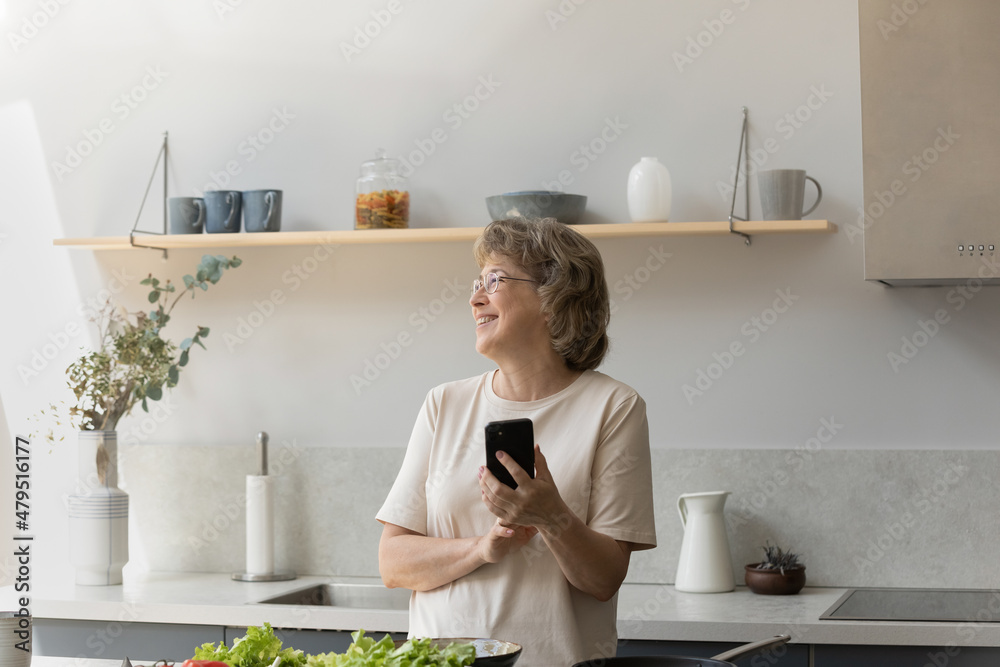 Distracted from cooking smiling dreamy older mature retired woman in eyeglasses holding cellphone in hands, looking in distance, having fun enjoying domestic hobby activity alone in modern kitchen. Distracted from cooking smiling dreamy older mature retired woman in eyeglasses holding cellphone in hands, looking in distance, having fun enjoying domestic hobby activity alone in modern kitchen.