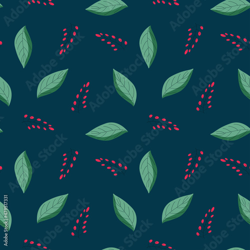 Seamless romantic pattern with leaves and twigs. Vector endless texture with floral elements on dark background