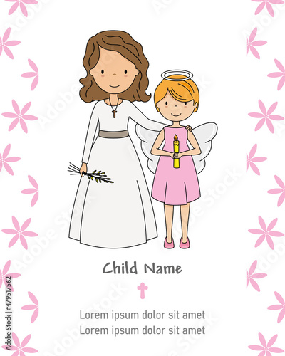 My first communion card. Girl and angel. Isolated vector
