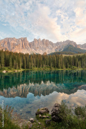 Lake Carezza in the Dolomites, Italy during Sunset