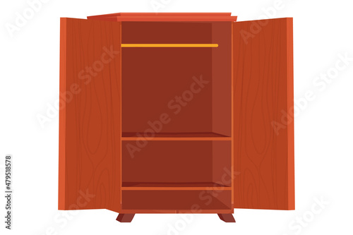 Wooden wardrobe empty furniture with shelf in cartoon style isolated on white background. Cupboard, drawer interior object.