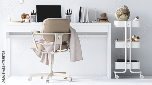 3D interior render of beautiful workspace at home. Modern design desk and chair with computer laptop, lamp, books and a cup of coffee on top with morning sunlight through window on white wall. 