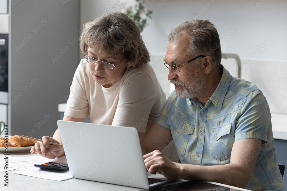 Concentrated happy older mature retired family couple managing household budget or calculating savings together, doing financial paperwork or paying utility bills online using computer e-banking app. Concentrated happy older mature retired family couple managing household budget or calculating savings together, doing financial paperwork or paying utility bills online using computer e-banking app.