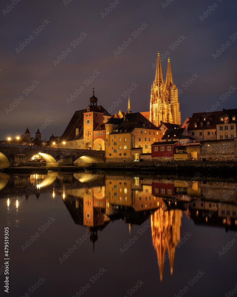 Regensburg Cathedral at Night in Bavaria, Germany