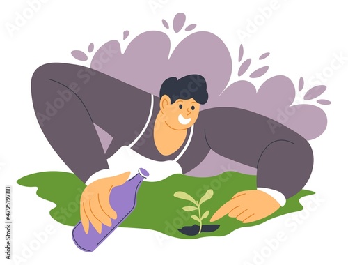 Man gardening caring for plants growth vector