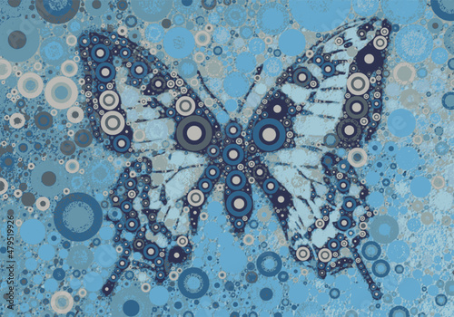 Dark blue and white butterfly made of circles against a light blue and grey background with circles.