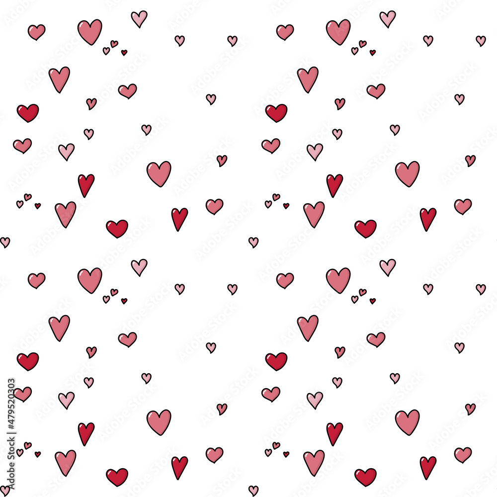 seamless pattern Valentine's day in hand drawn doodle style. romantic pattern with pink and red hearts with black stroke.