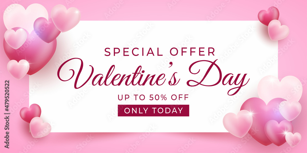 Realistic banner happy valentine's day sale with white square design