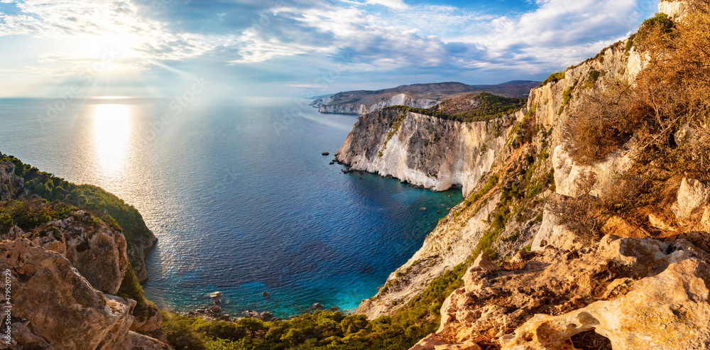 Zakynthos in Greece, Keri cliffs and Ionian sea at sunset Zakynthos in Greece, Keri cliffs and Ionian sea at sunset