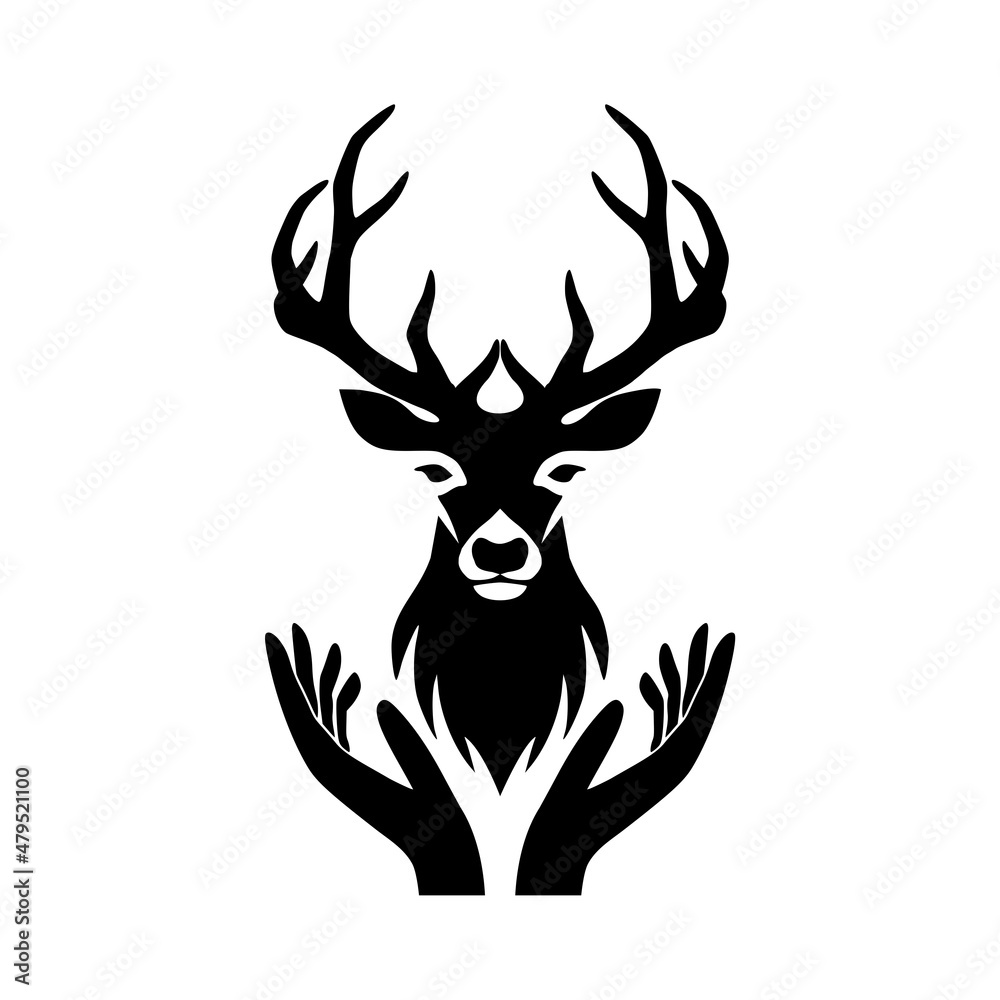 Deer head logo with hand concept isolated on white background Deer head logo with hand concept isolated on white background