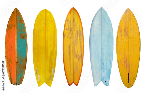 Collection of vintage wooden fishboard shortboard surfboard isolated on white with clipping path for object, retro styles.