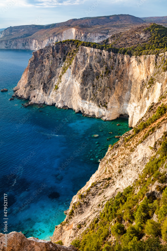 Fototapeta premium Zakynthos in Greece, Keri cliffs and Ionian sea at sunset