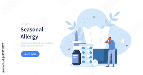 Character with seasonal pollen allergy symptoms sneezing to nose wiper. Person with allergy concept. Vector illustration.
