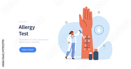 
Doctor allergist or immunologist doing allergy skin test in laboratory. Person with allergy concept. Vector illustration.