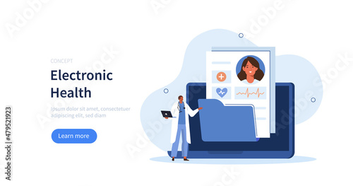 Doctor in hospital reading patient EMRs. Electronic health record and online medical services concept. Vector illustration.
