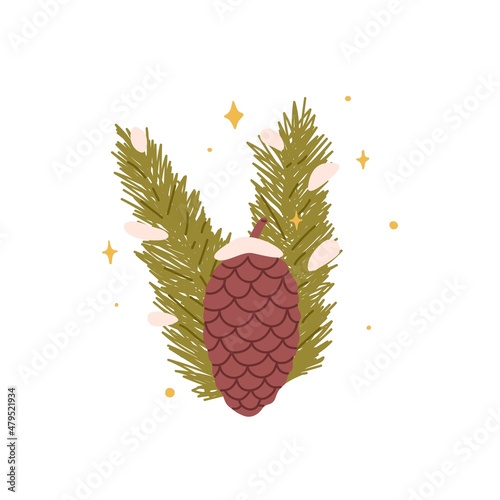 Fir cone and branch under snow composition. Fircone, spruce and pine tree twigs with stars. Festive Christmas pinecone and conifer sprigs. Colored flat vector illustration isolated on white background photo