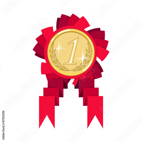 Large gold medal of the winner, decorated with a scarlet ribbon. Vector illustration