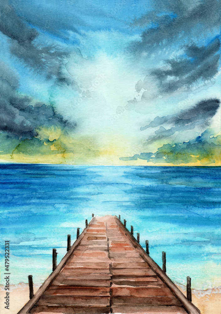 Watercolor illustration of a blue and yellow sunset sky over a blue sea with a wooden pier on the foreground