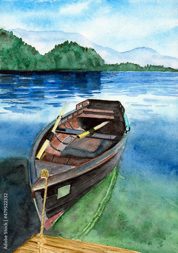 Watercolor illustration of a wooden fishing boat with oars at the wooden pier and the distant green shore in the background