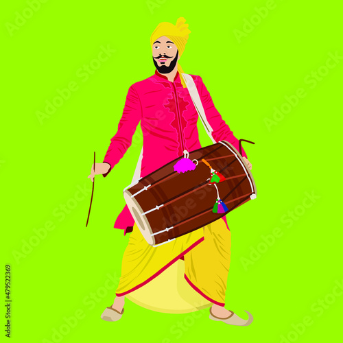 Vector of Indian Young Sikh Playing Bhangra on Dhol, wearing Ethnic Dress - Dhoti and Kurta. Editable Illustration.
