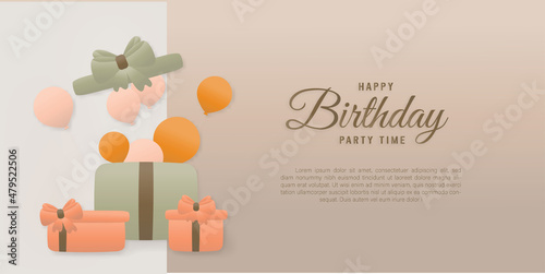 Happy birthday minimal style background with a gift box with balloons inside, party card template paper, and papercraft style vector illustration.
