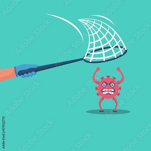 Catch coronavirus concept. Running coronavirus. Red dangerous bacterium running away from hand with a net. Vector illustration flat design. Coronavirus Prevention. Cartoon 2019-ncov.