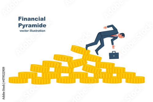 Financial Pyramide. Financial collapse. Man falls from the monetary mountain. Unstable economic situation. Vector illustration flat design. Isolated on white background.