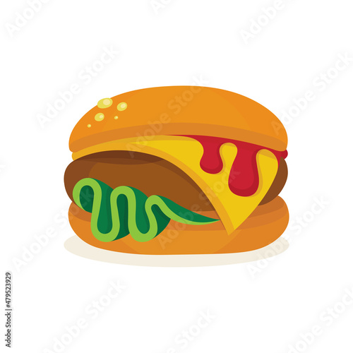 Burger. Hamburger drawing in cartoon style. Burger with sesame, lettuce, tomato, cheese and beef patty. Fast food. Part of set.
