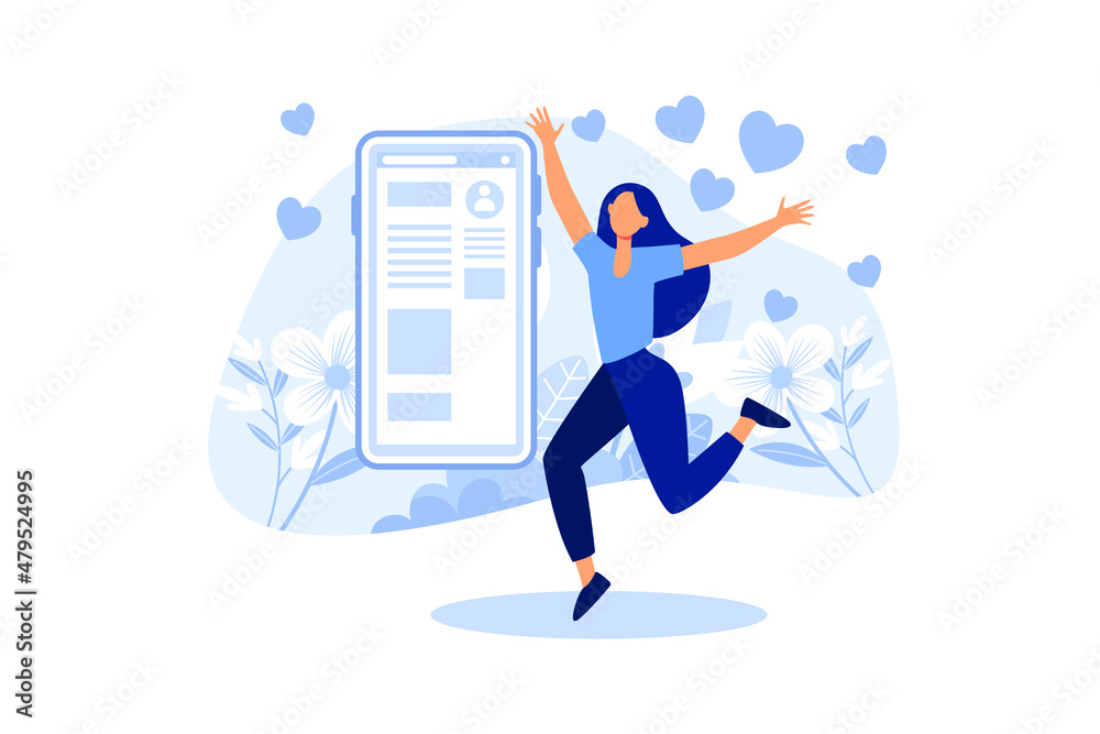 social networks, mutual likes, a joyful girl with a phone in his hand puts likes on a background of flowers flat vector illustration 
