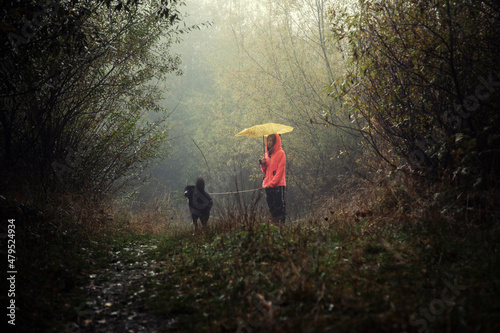 Girl with a dog walking in foggy weather in the forest