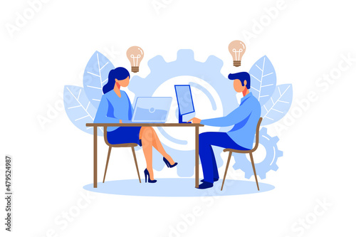 Internet assistant at work. promotion in the network. manager for remote work, team work on the project, brainstorming flat vector design illustration 