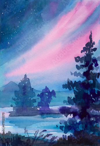 Watercolor landscape with northern lights over the lake, starry sky and silhouettes of trees. Raster illustration for printing on tourism products, postcards, banners, diary design, wallpaper, sticker