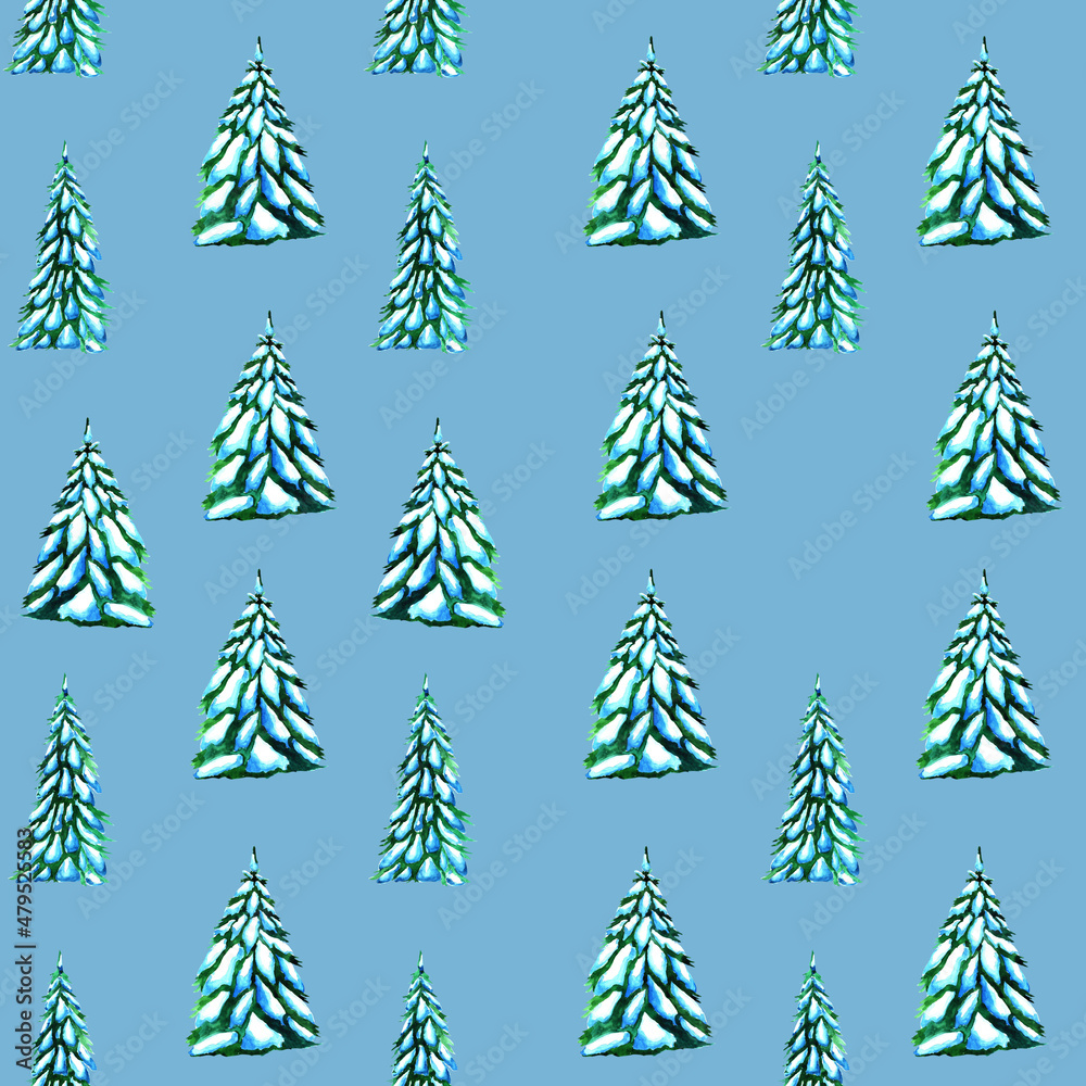 seamless pattern painted with watercolor fir trees under the snow. winter background for gift wrapping and textile