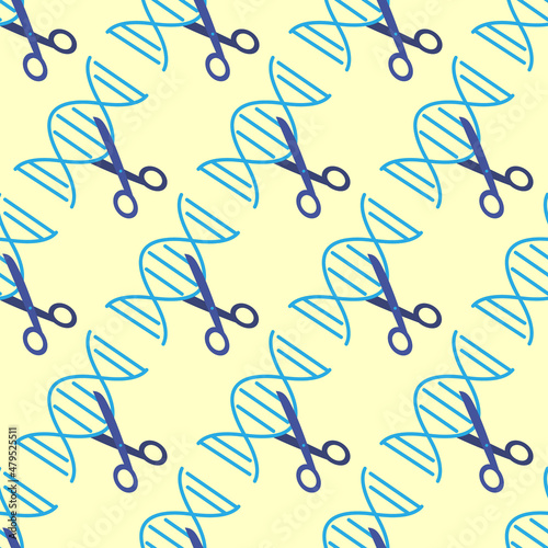Seamless pattern with DNA and genetic scissors. Simplified image of the scissors cutting  the DNA strand. Flat design.